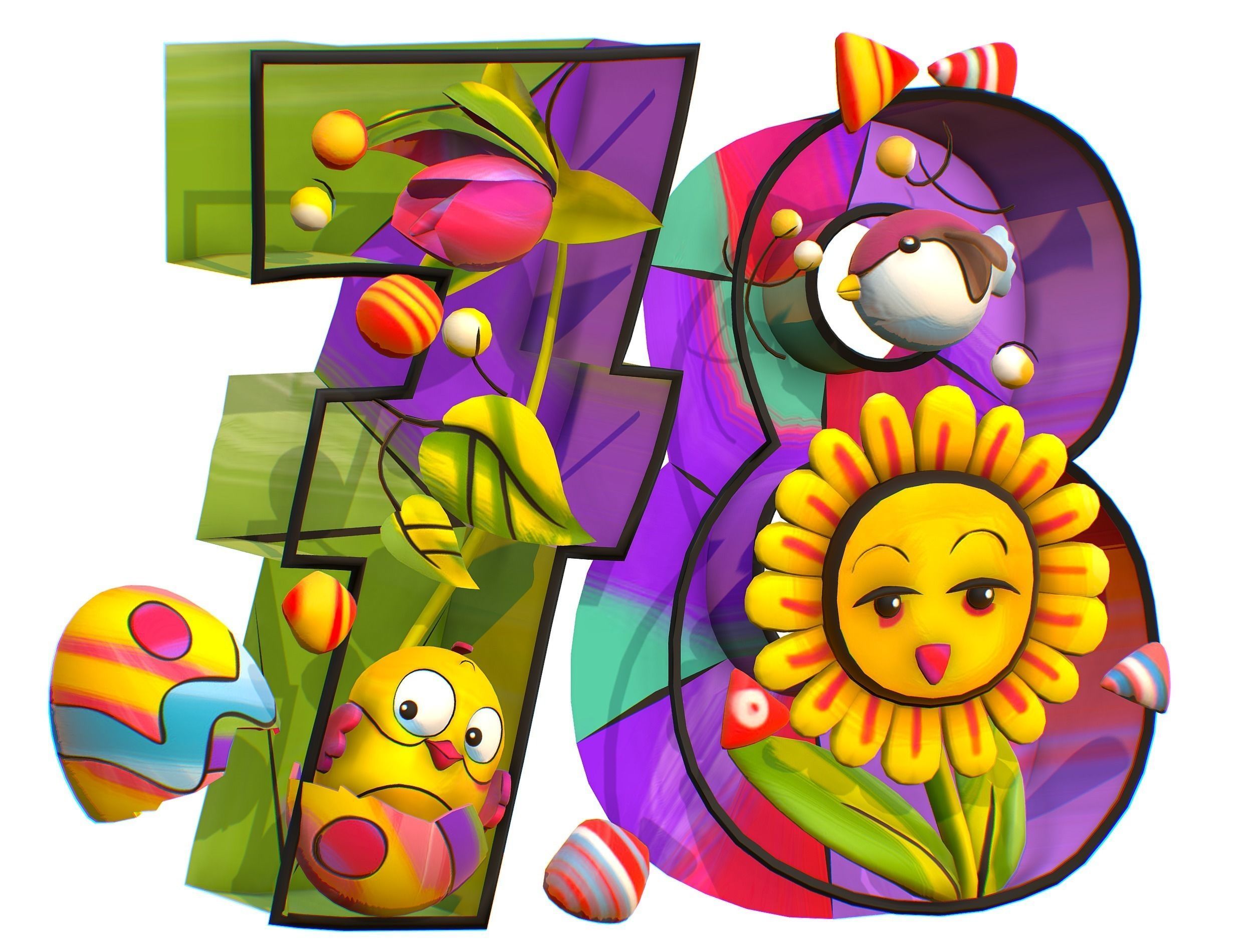 Cartoon 3D illustration Number 7 8 Bird Flower Low-poly 3D model_1
