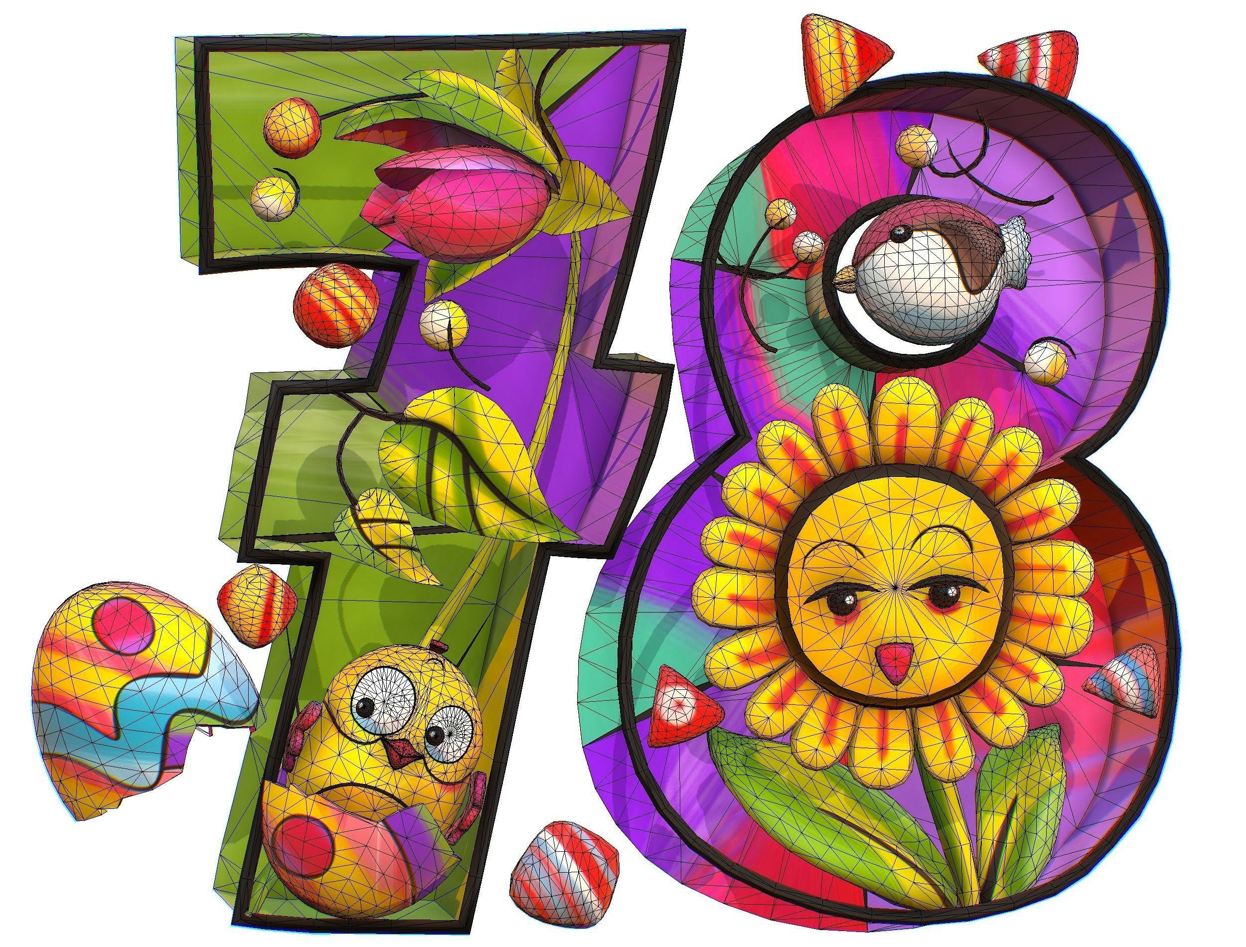 Cartoon 3D illustration Number 7 8 Bird Flower Low-poly 3D model_17