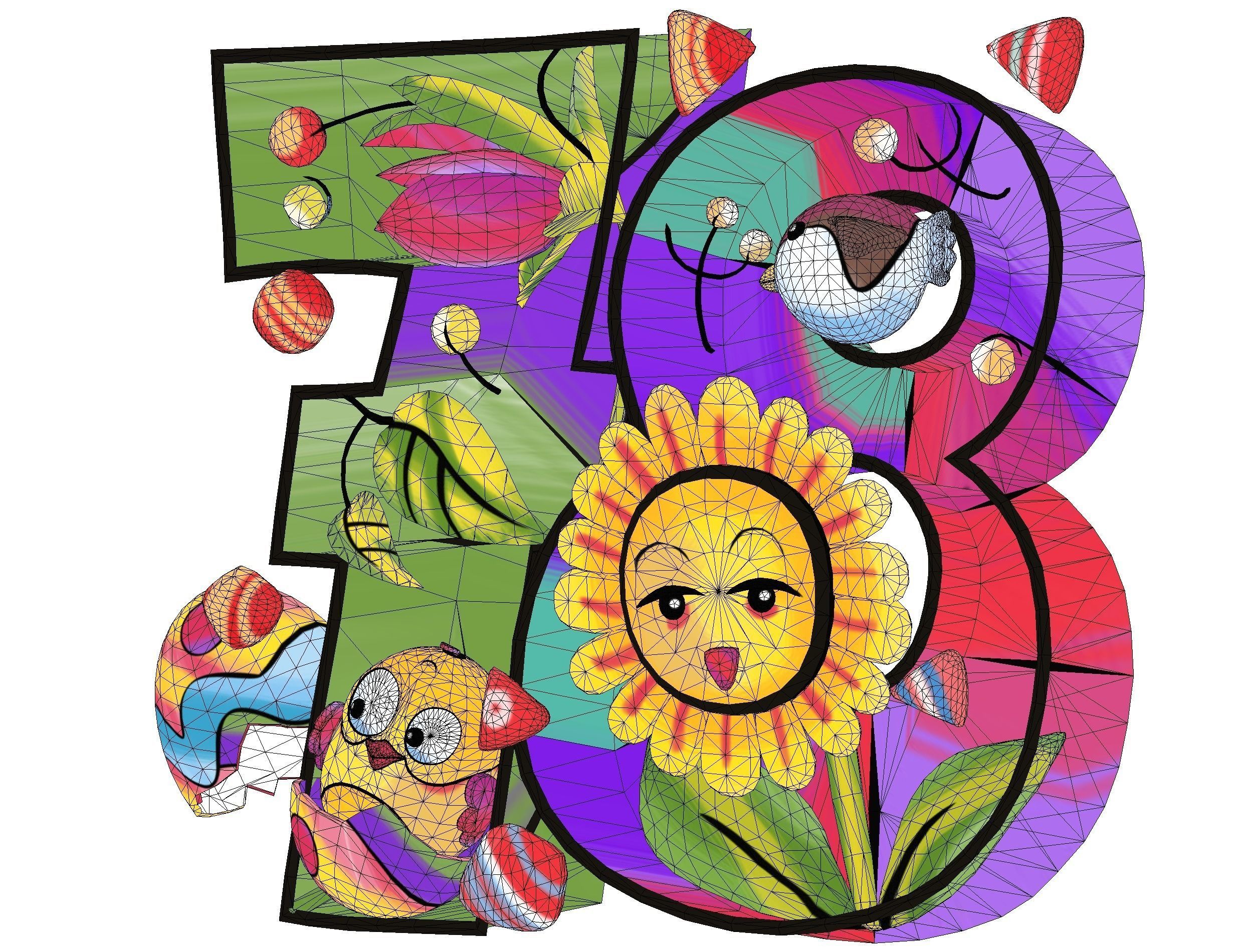 Cartoon 3D illustration Number 7 8 Bird Flower Low-poly 3D model_19