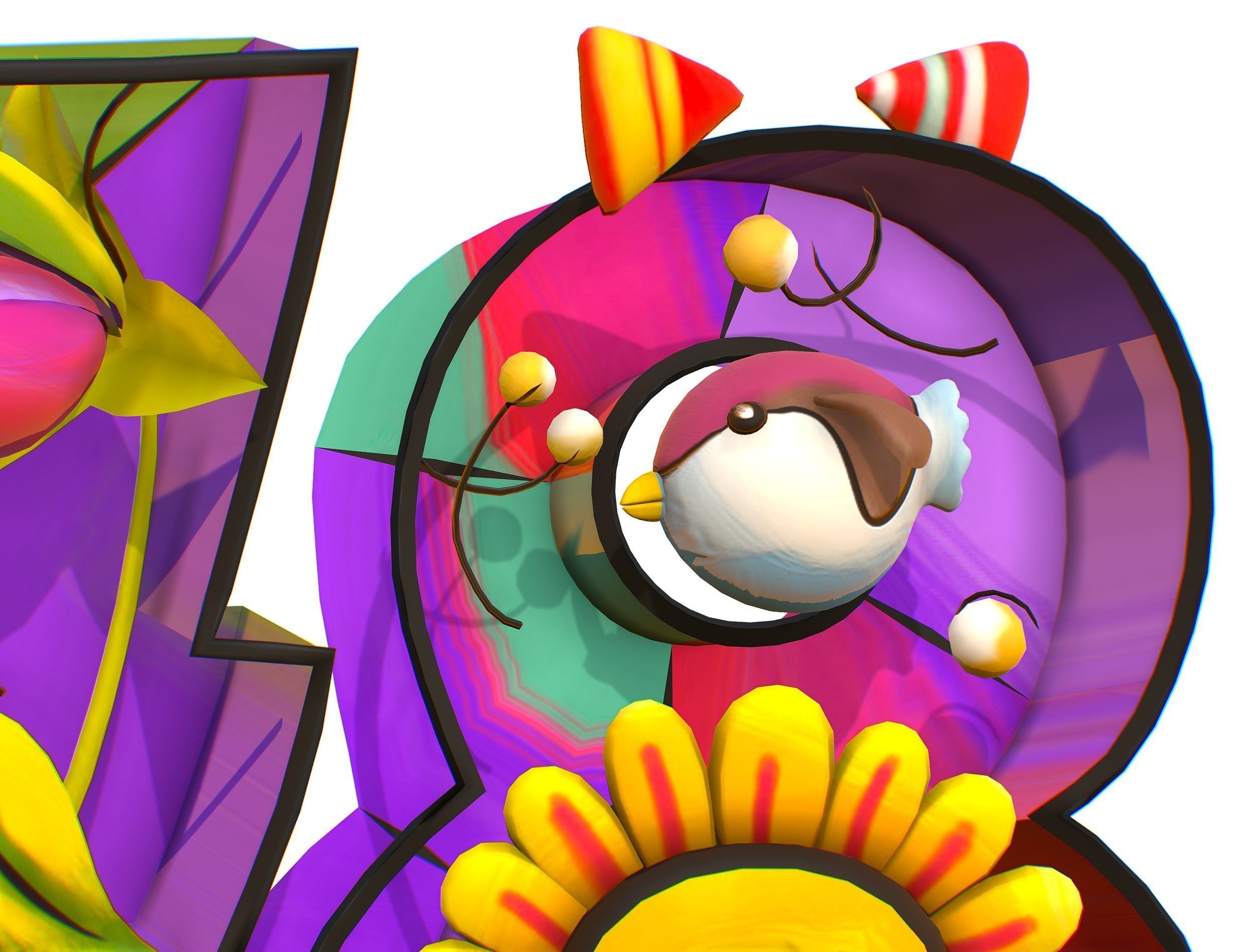 Cartoon 3D illustration Number 7 8 Bird Flower Low-poly 3D model_8