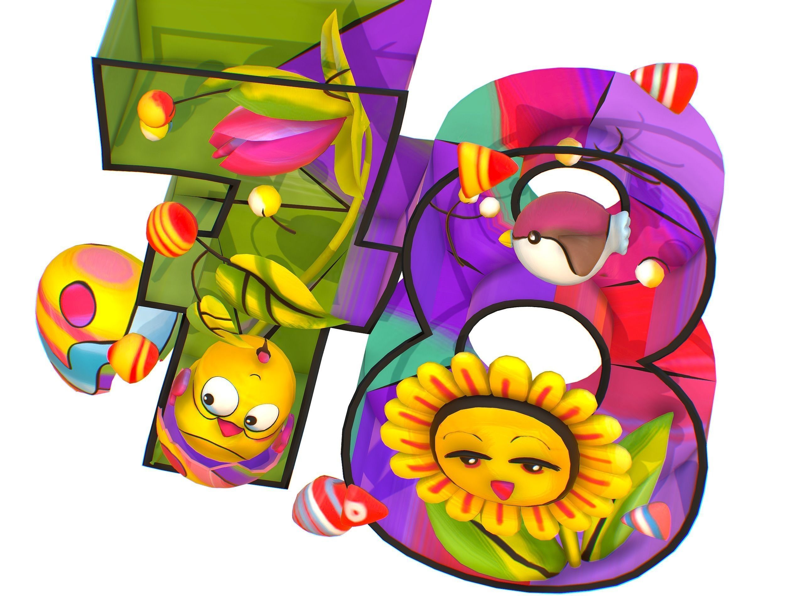 Cartoon 3D illustration Number 7 8 Bird Flower Low-poly 3D model_16