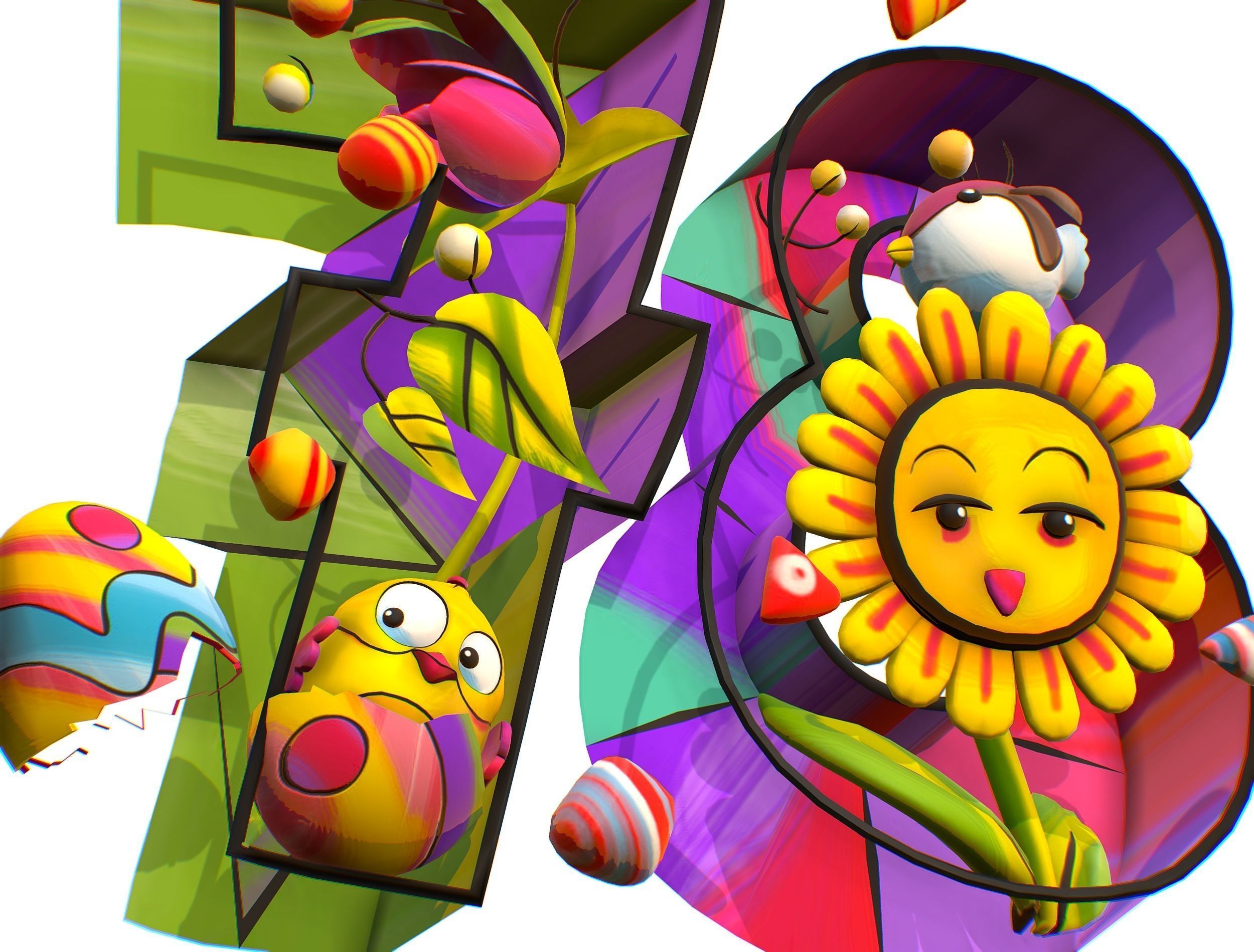 Cartoon 3D illustration Number 7 8 Bird Flower Low-poly 3D model_14