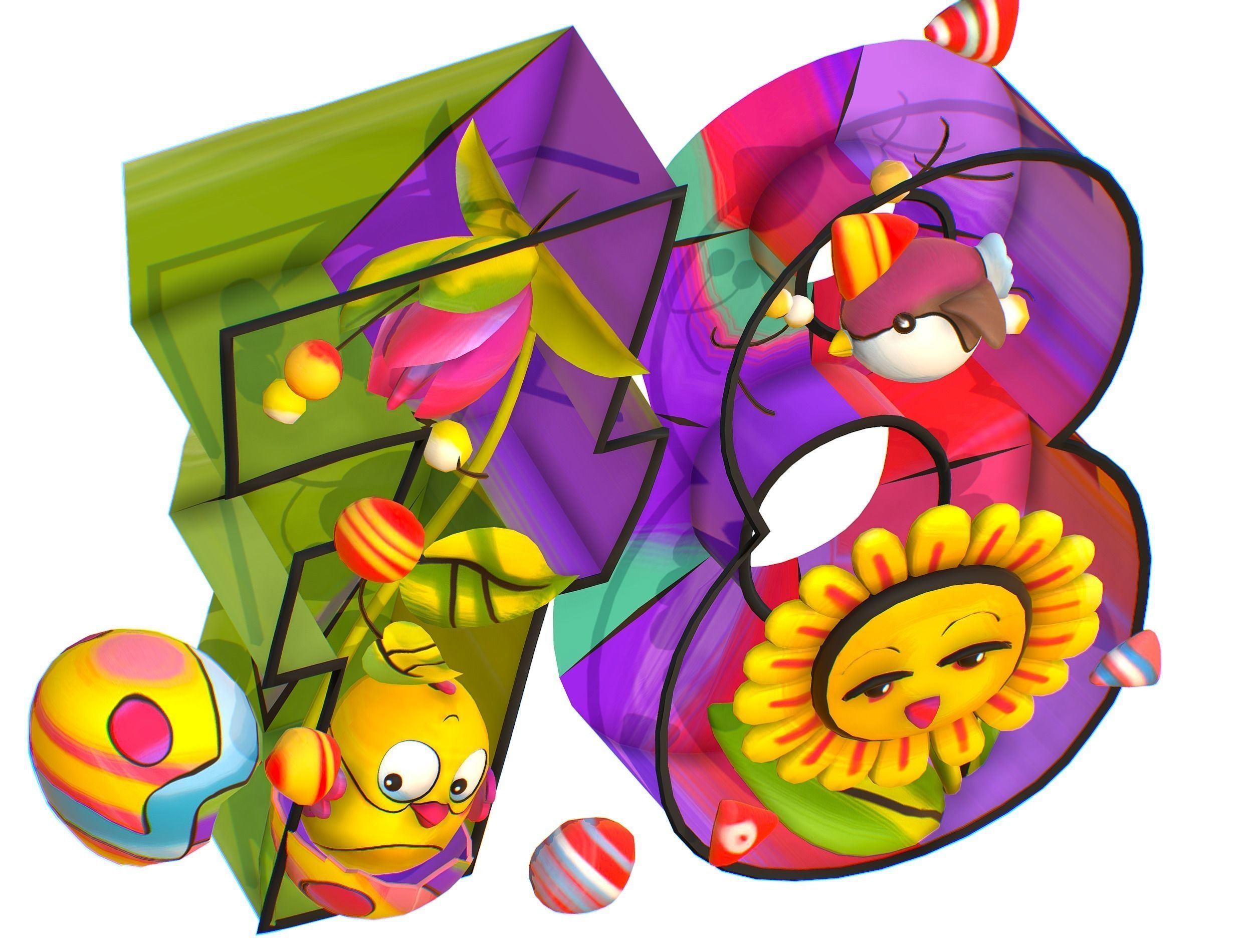Cartoon 3D illustration Number 7 8 Bird Flower Low-poly 3D model_15