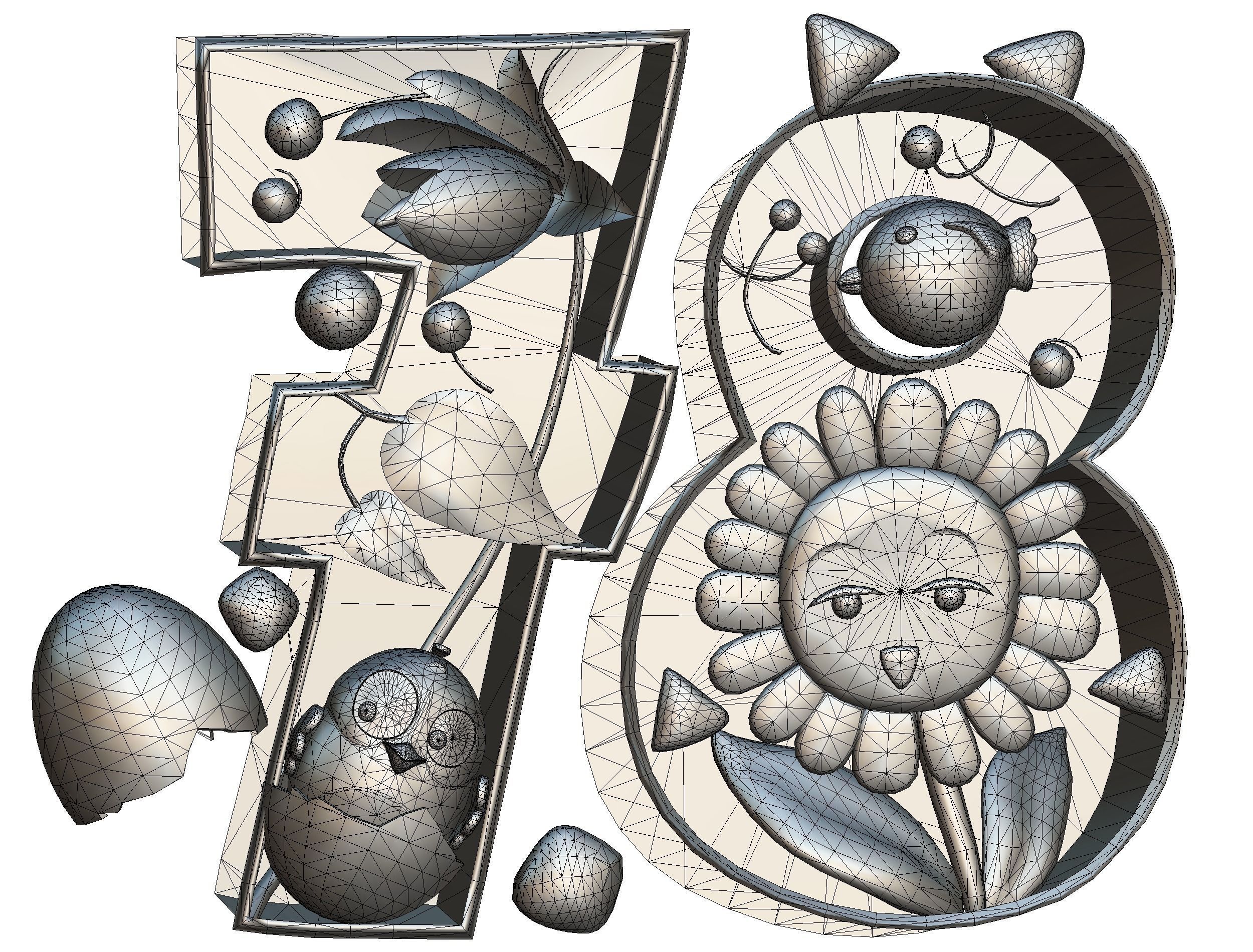 Cartoon 3D illustration Number 7 8 Bird Flower Low-poly 3D model_18