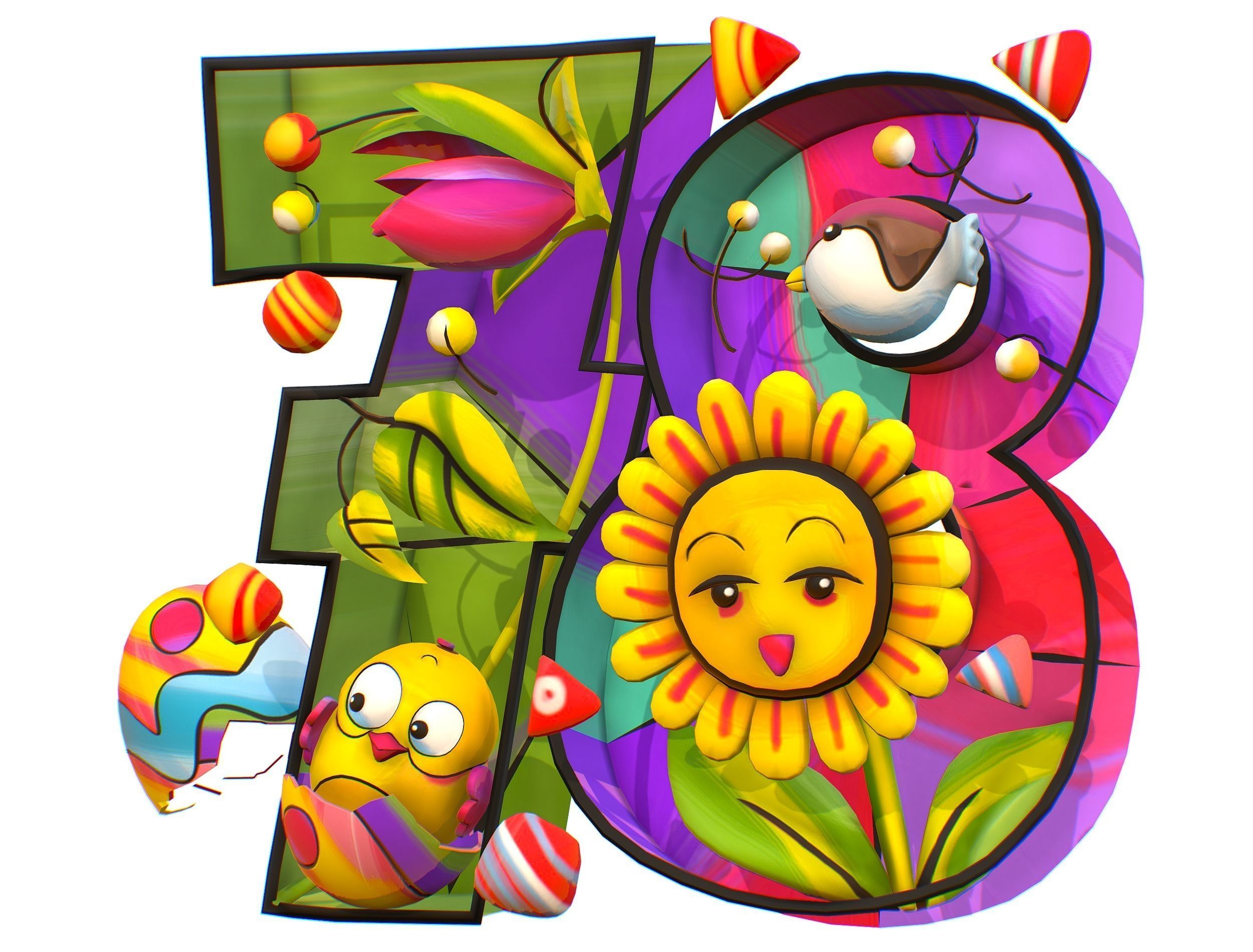 Cartoon 3D illustration Number 7 8 Bird Flower Low-poly 3D model_4