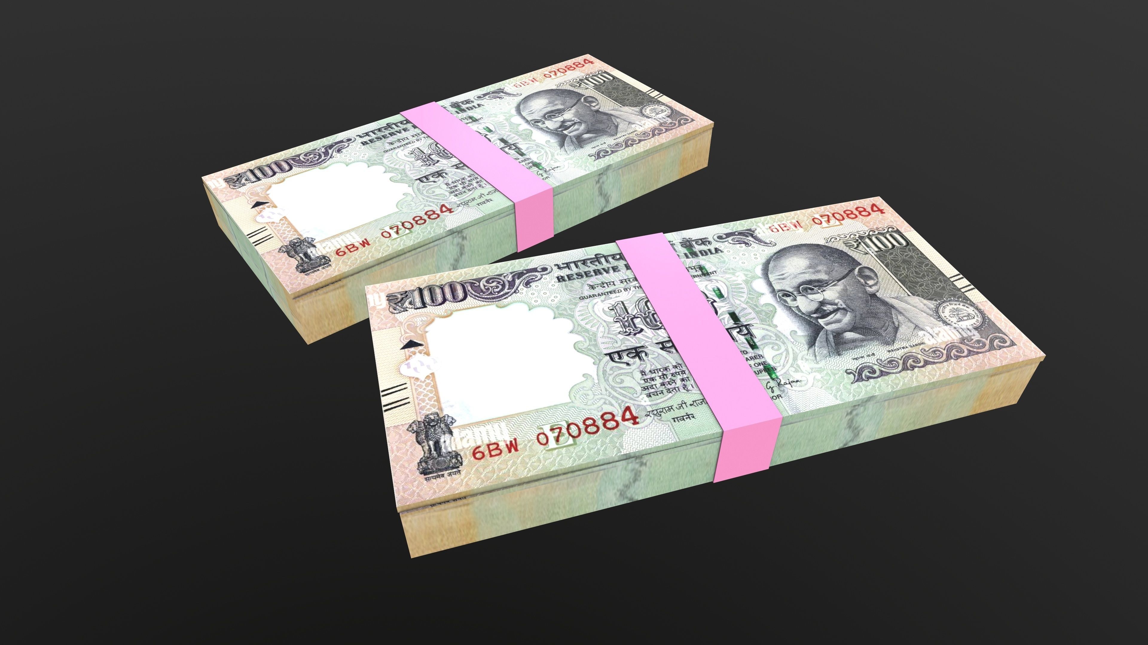 Indian 100 Note Currency Bundle AR VR PBR Low-poly 3D model_3