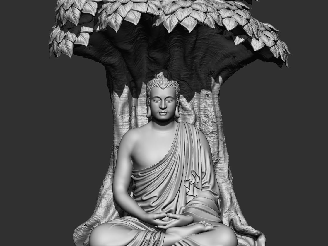 Buddha three statues under trees 3D print model_1