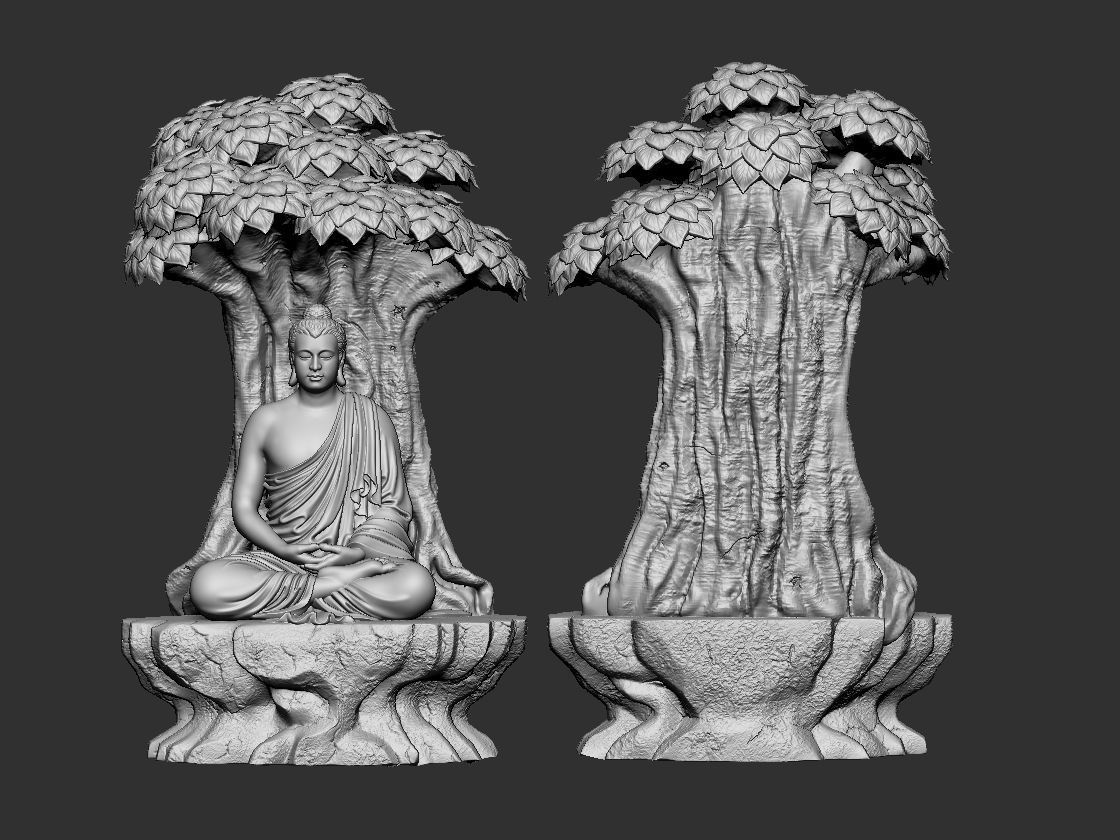Buddha three statues under trees 3D print model_2