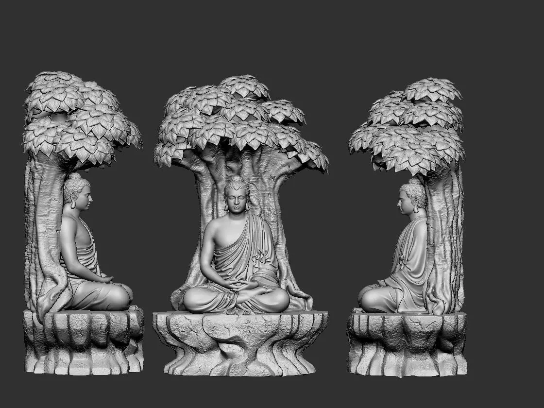 Buddha three statues under trees 3D print model_0