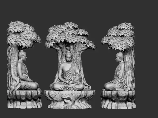 Buddha three statues under trees 3D print model