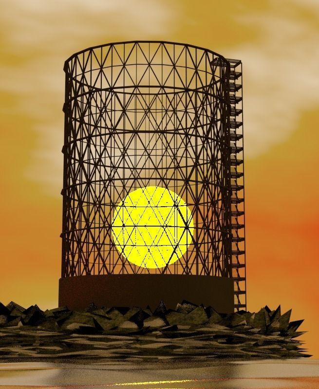gasometer water tower with sun setting behind it Free 3D model_0