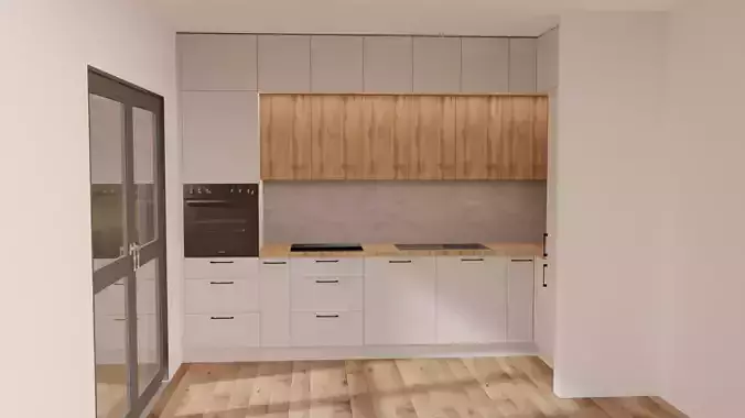 Kitchen 3d with cabinets and wooden floors