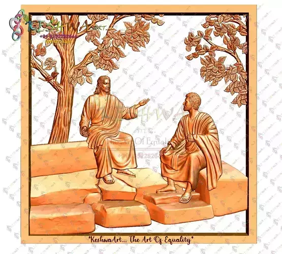 jesus and two men on stone bench
