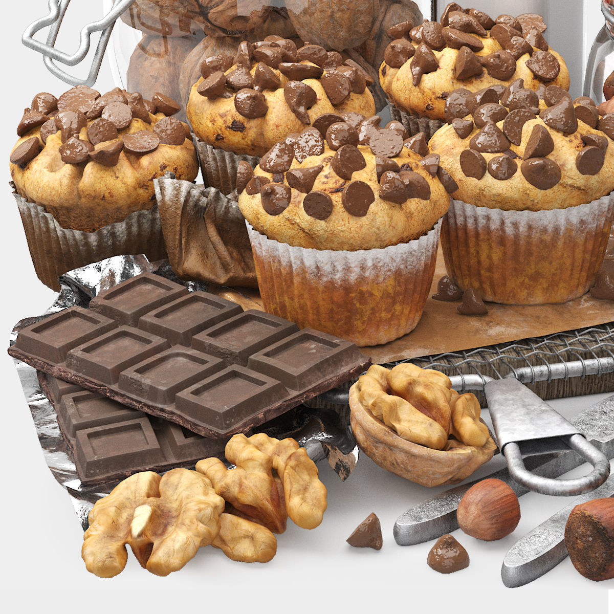 chocolate muffins and nuts set 3D model_3