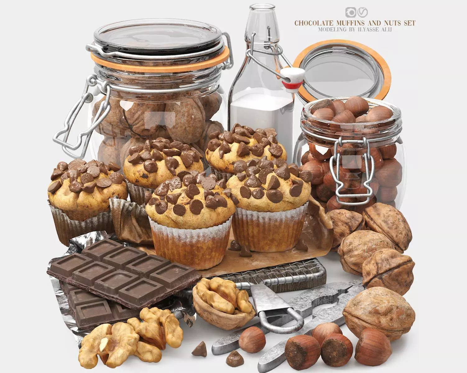 chocolate muffins and nuts set 3D model_0