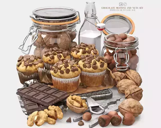 chocolate muffins and nuts set 3D model