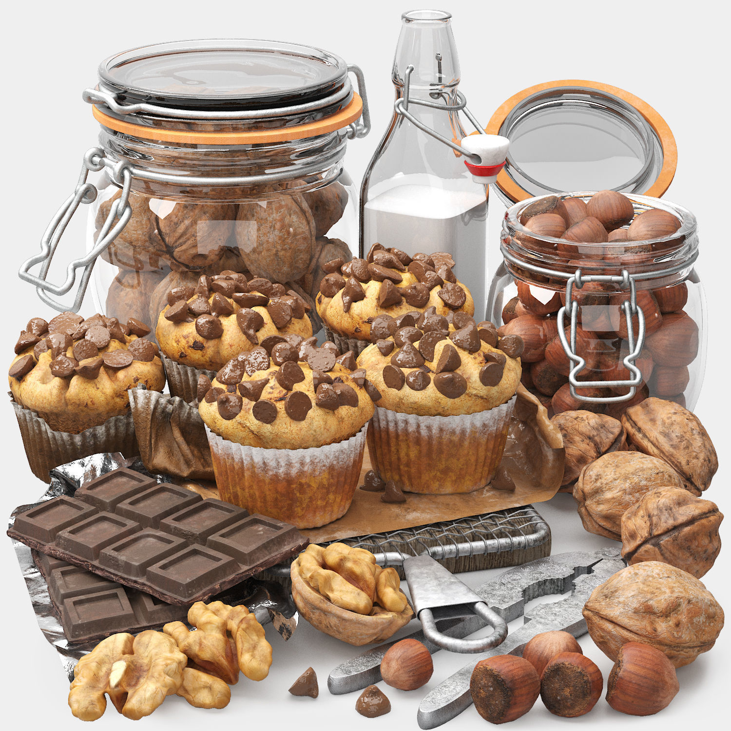 chocolate muffins and nuts set 3D model_1