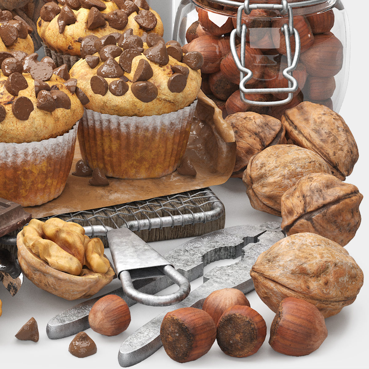chocolate muffins and nuts set 3D model_4