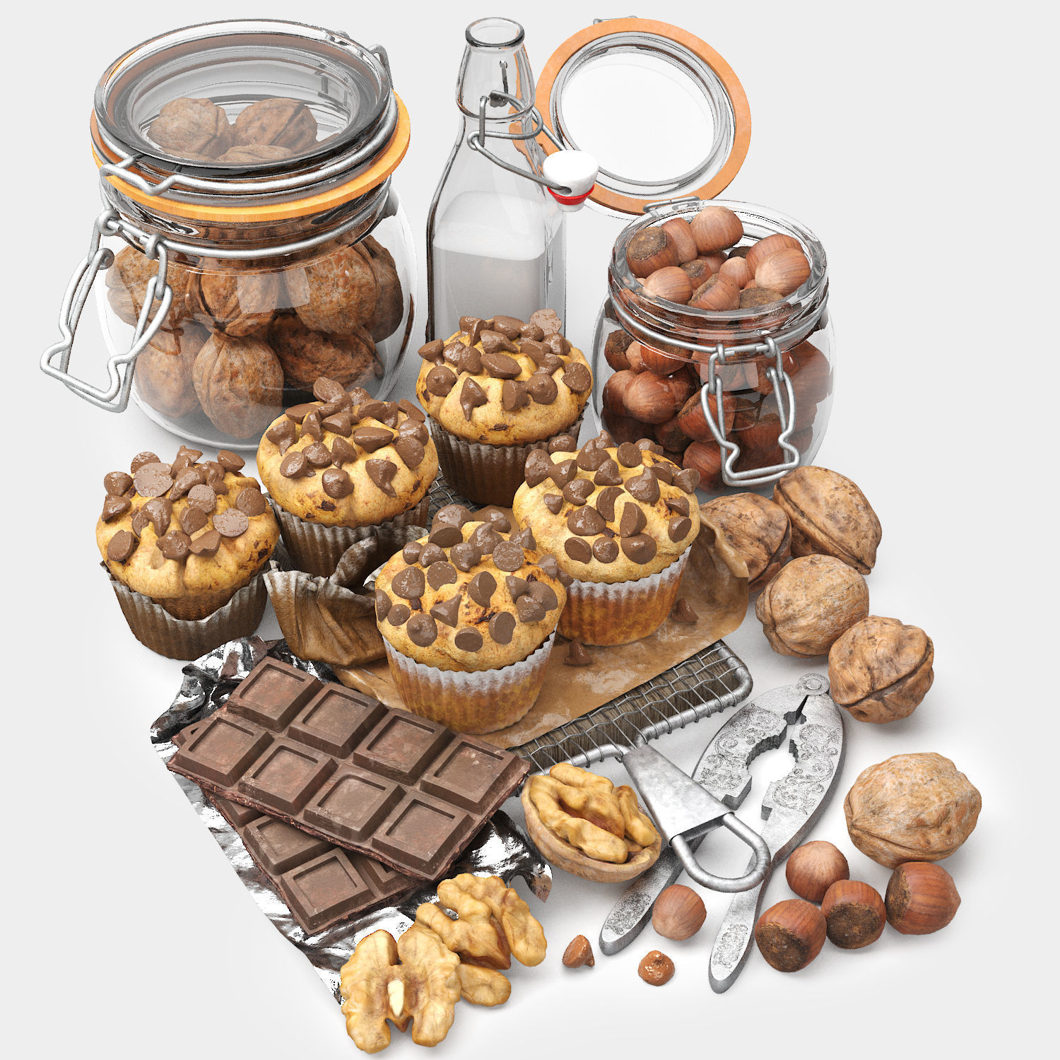 chocolate muffins and nuts set 3D model_2