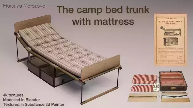 The camp bed trunk with mattress Low-poly 3D model