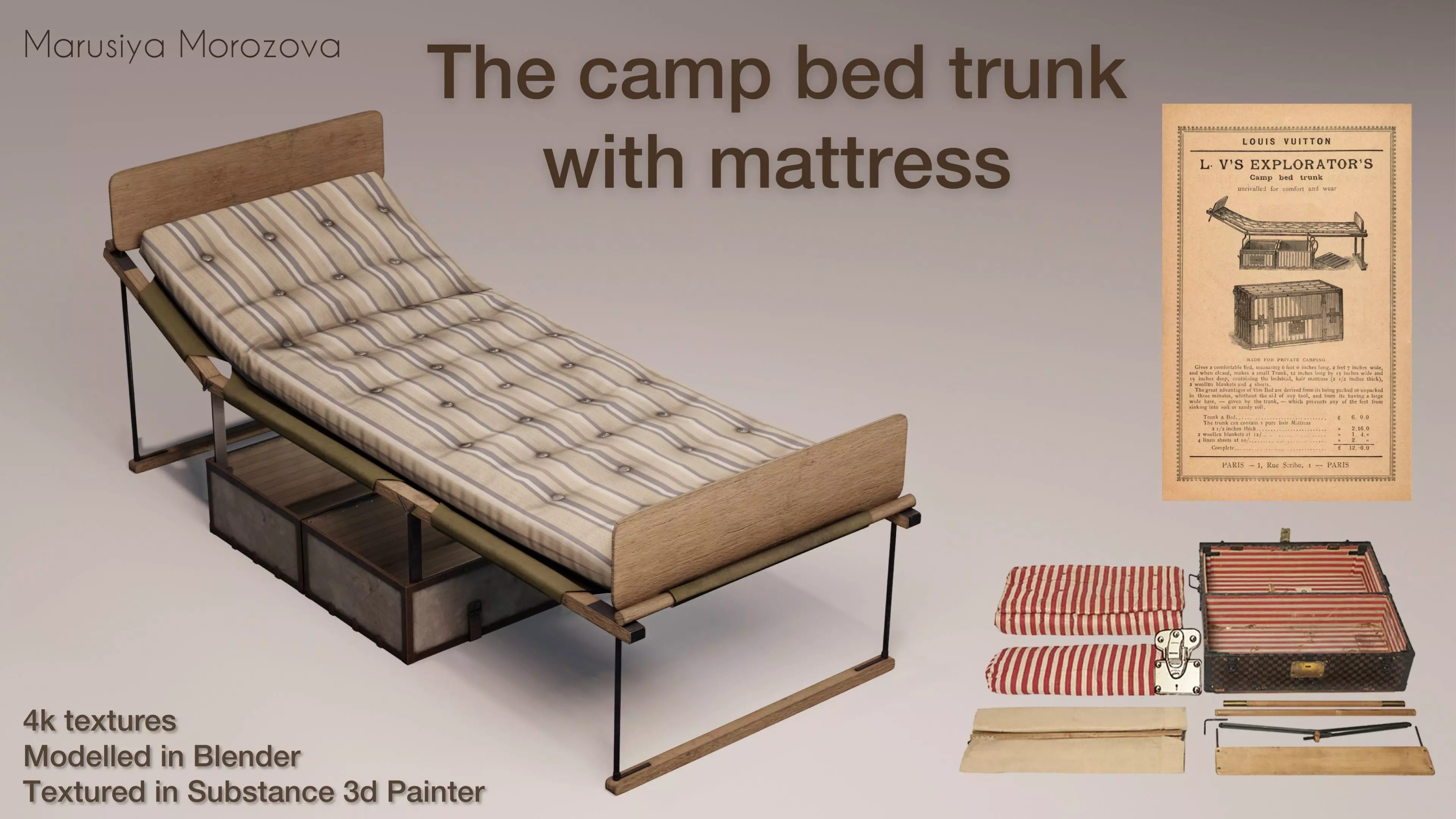 The camp bed trunk with mattress Low-poly 3D model_0