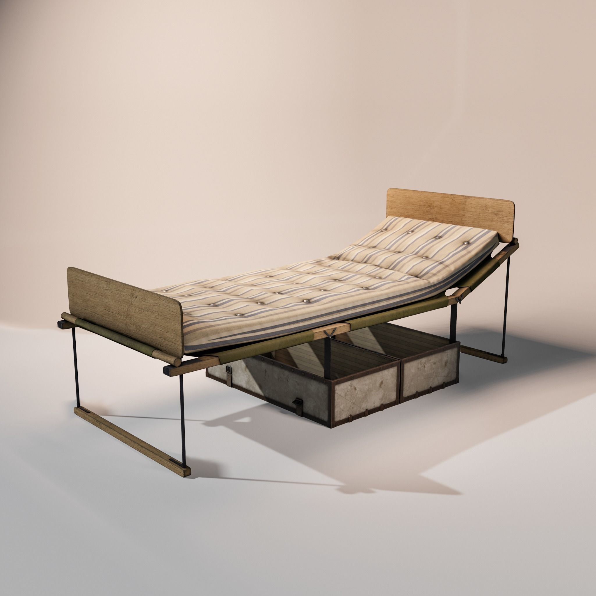 The camp bed trunk with mattress Low-poly 3D model_2
