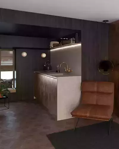 small golden kitchen