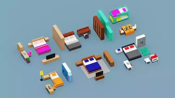 Isometric Bedroom Funiture Set Low-poly 3D model