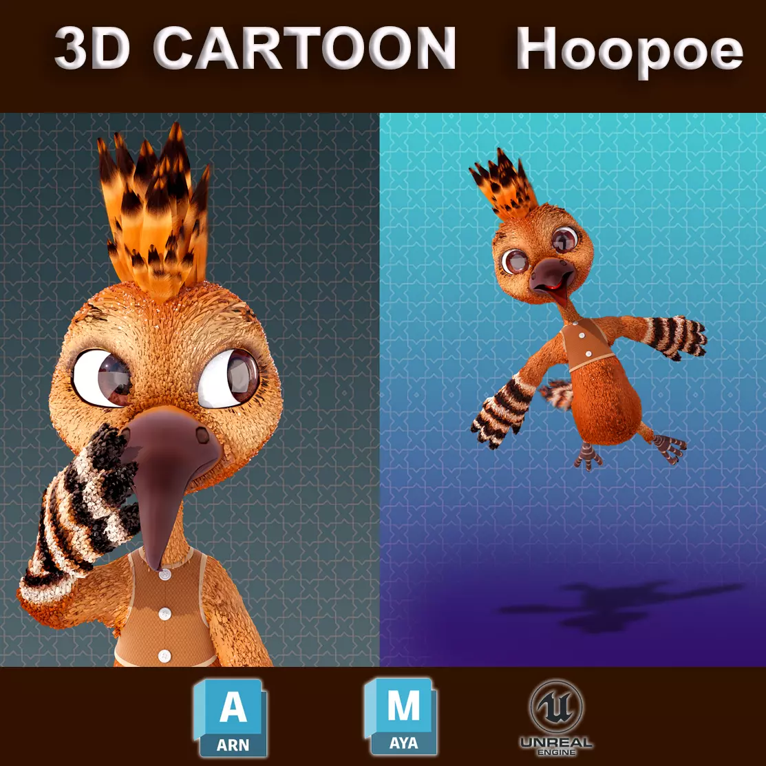 Cartoon Hoopoe Rigged 3D model_0