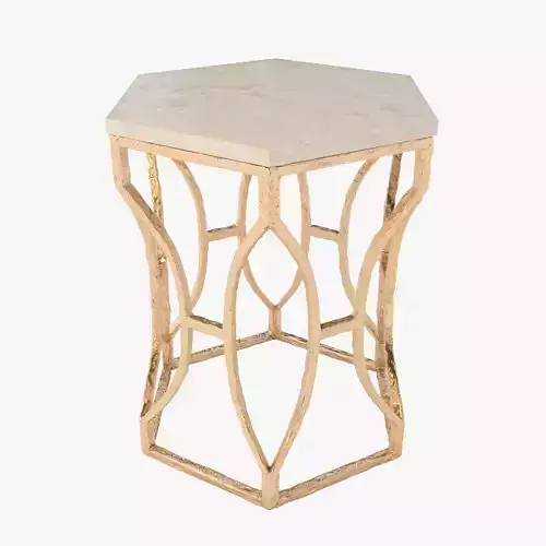 Roja Antique Gold Leaf Cream Marble Hexagonal Side Table