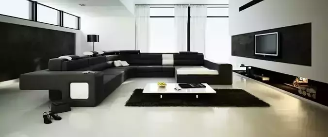 Spacious Living Room With Big Black Sofa