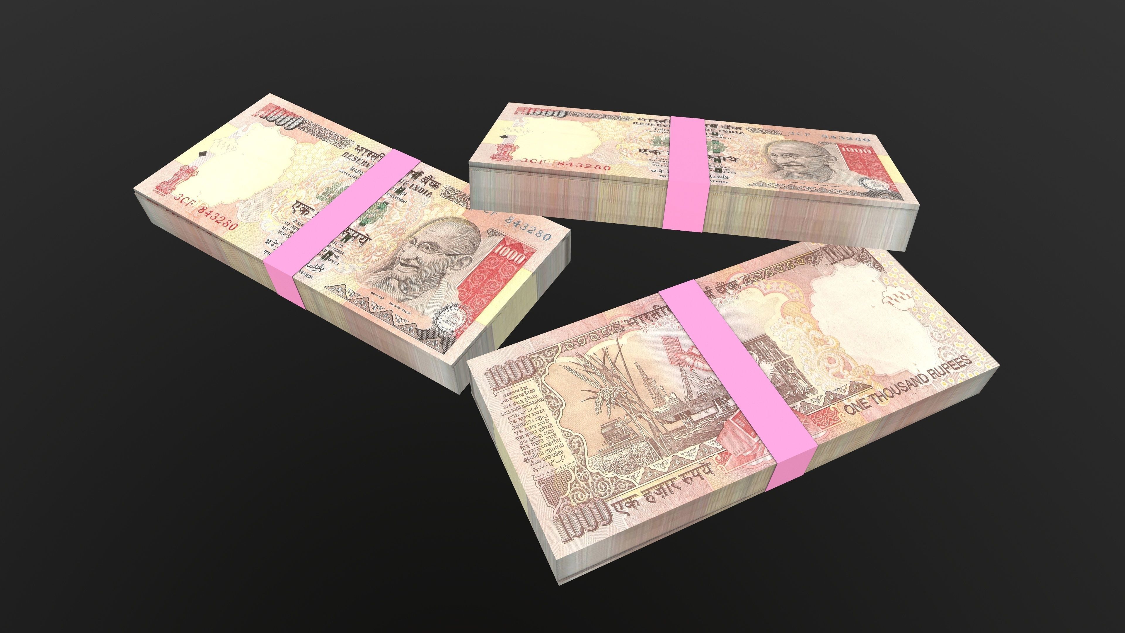 Indian 1000 Note Currency Bundle AR VR PBR Low-poly 3D model_3