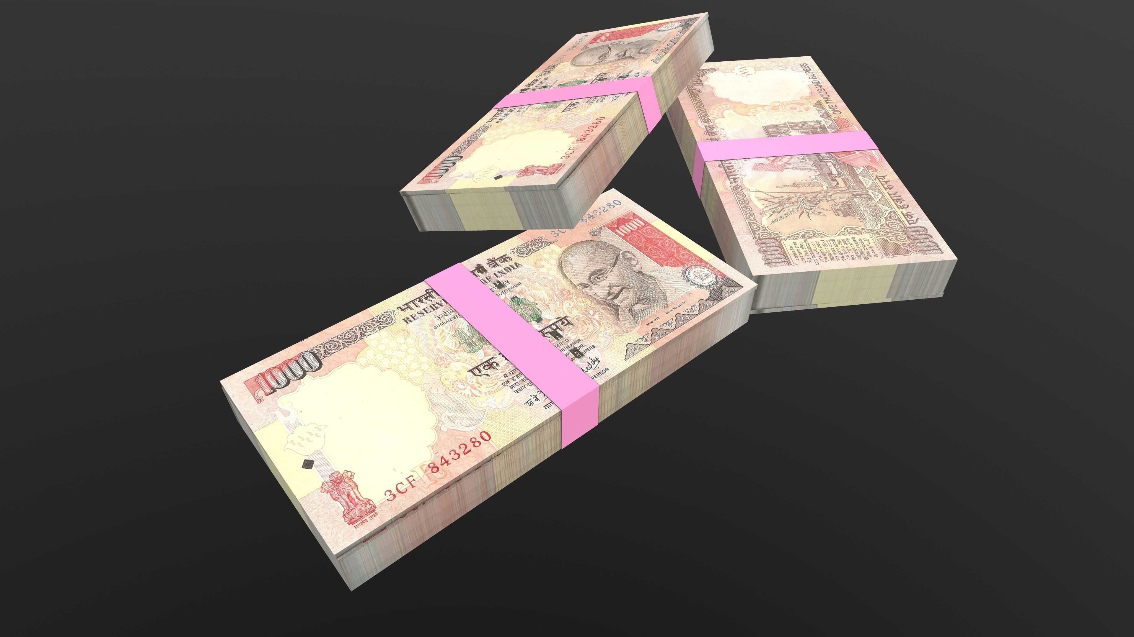 Indian 1000 Note Currency Bundle AR VR PBR Low-poly 3D model_11