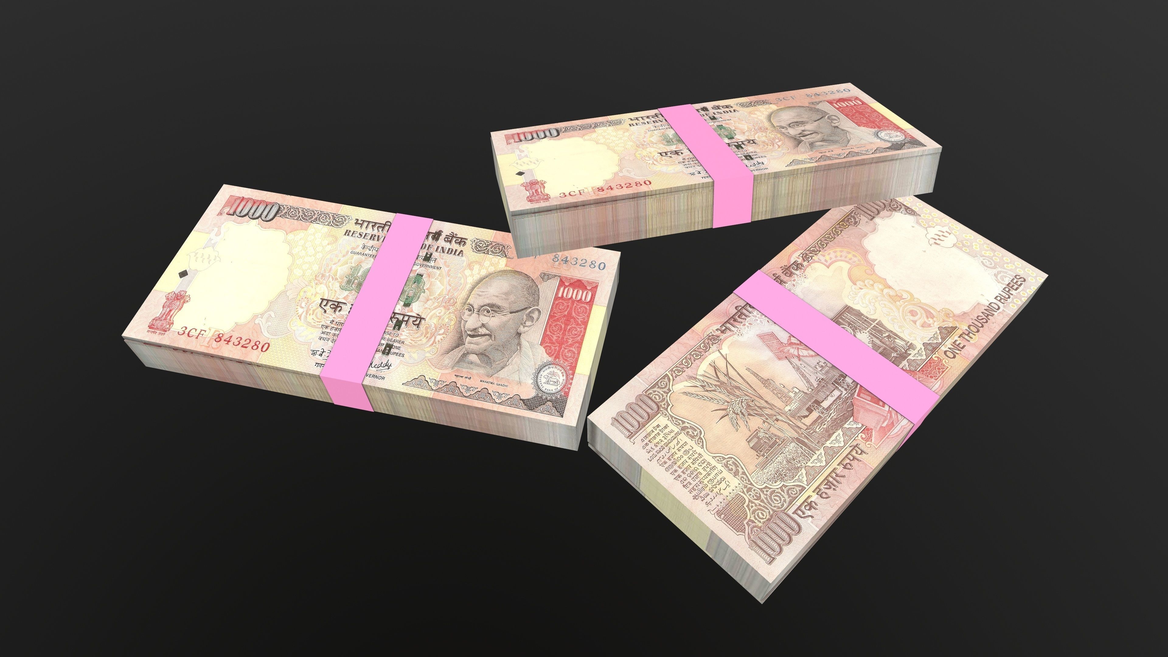 Indian 1000 Note Currency Bundle AR VR PBR Low-poly 3D model_2