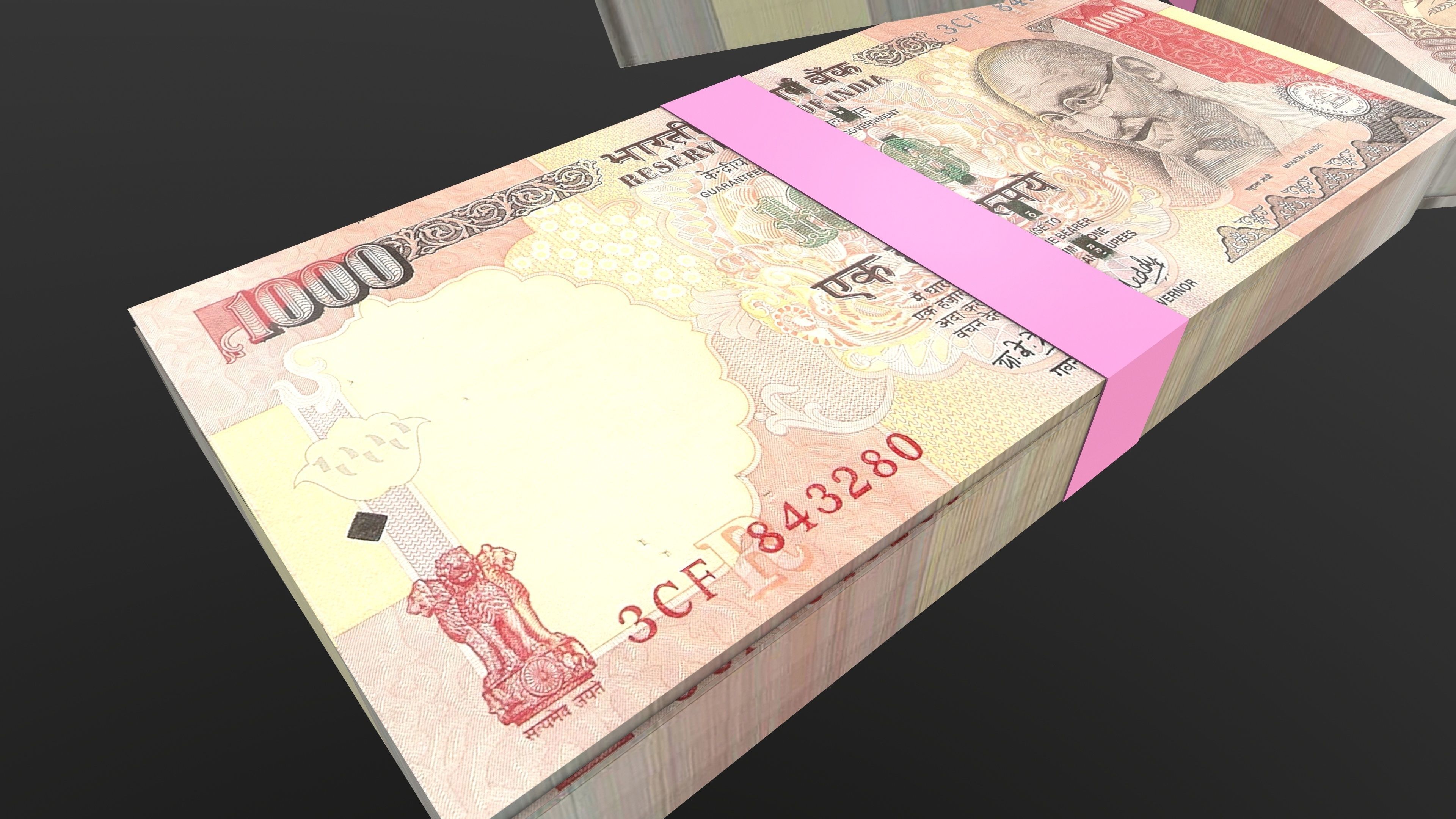 Indian 1000 Note Currency Bundle AR VR PBR Low-poly 3D model_12