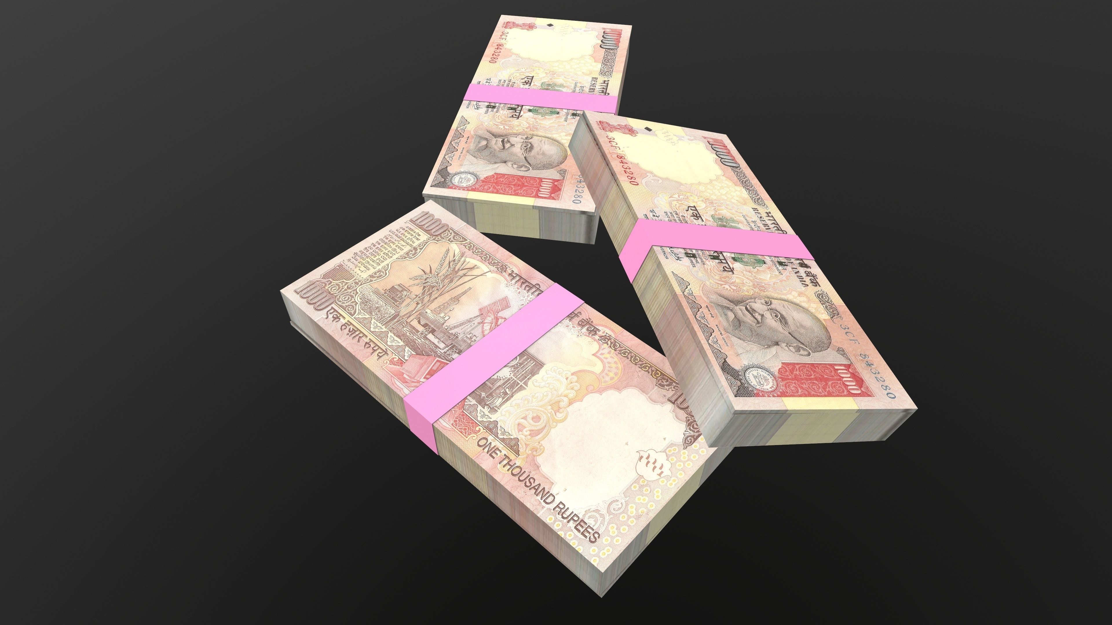Indian 1000 Note Currency Bundle AR VR PBR Low-poly 3D model_5