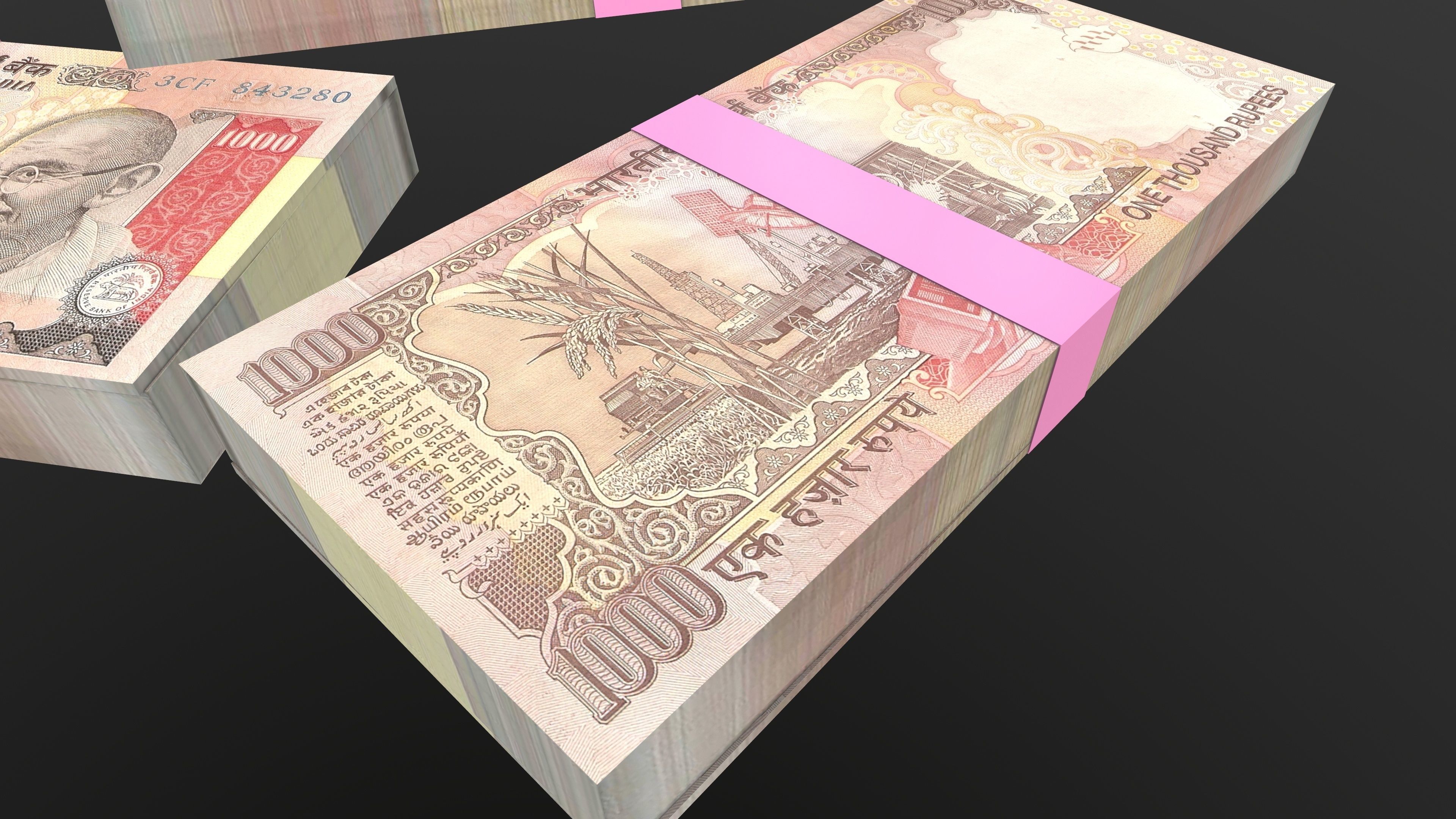 Indian 1000 Note Currency Bundle AR VR PBR Low-poly 3D model_13