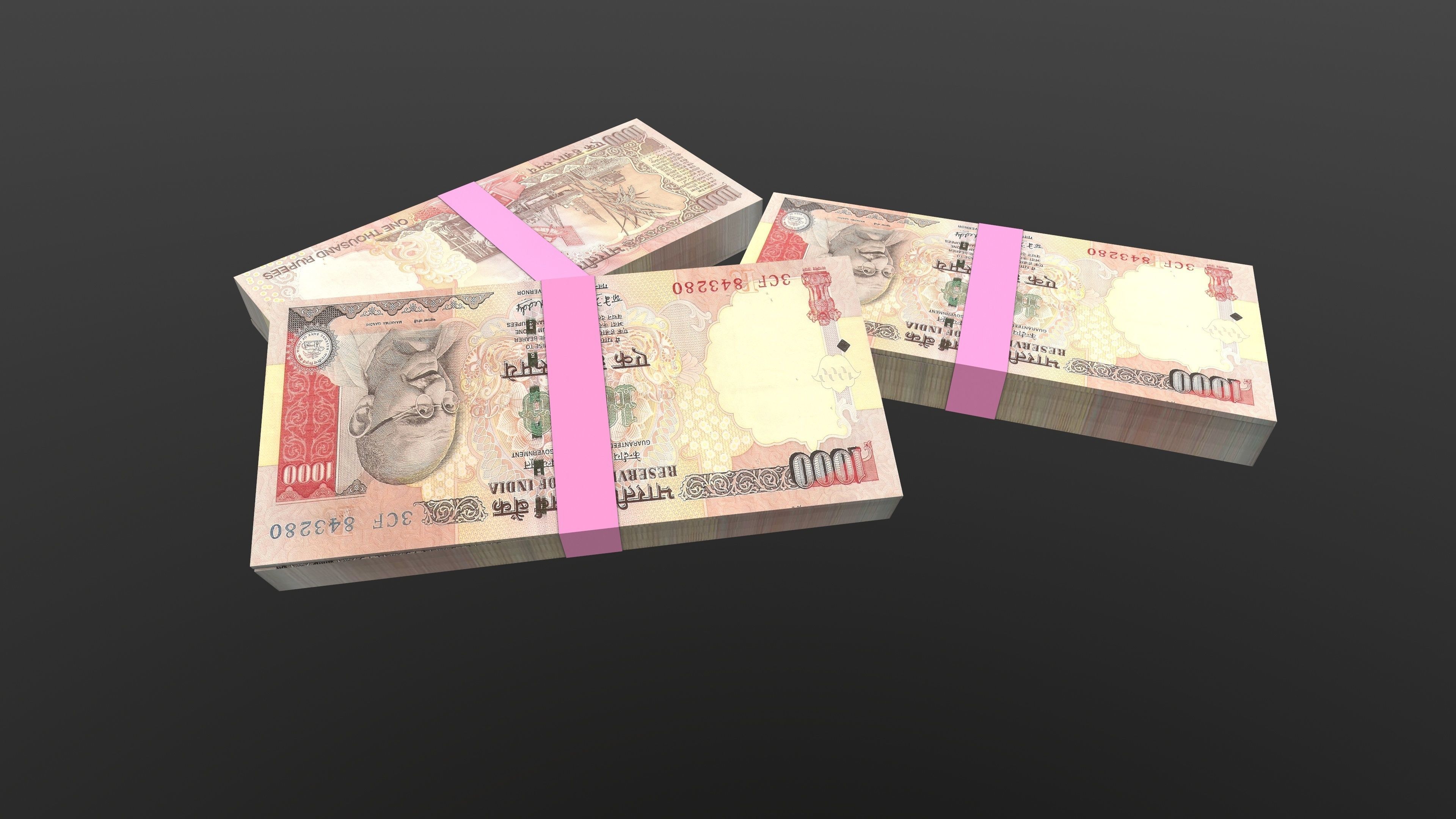 Indian 1000 Note Currency Bundle AR VR PBR Low-poly 3D model_8