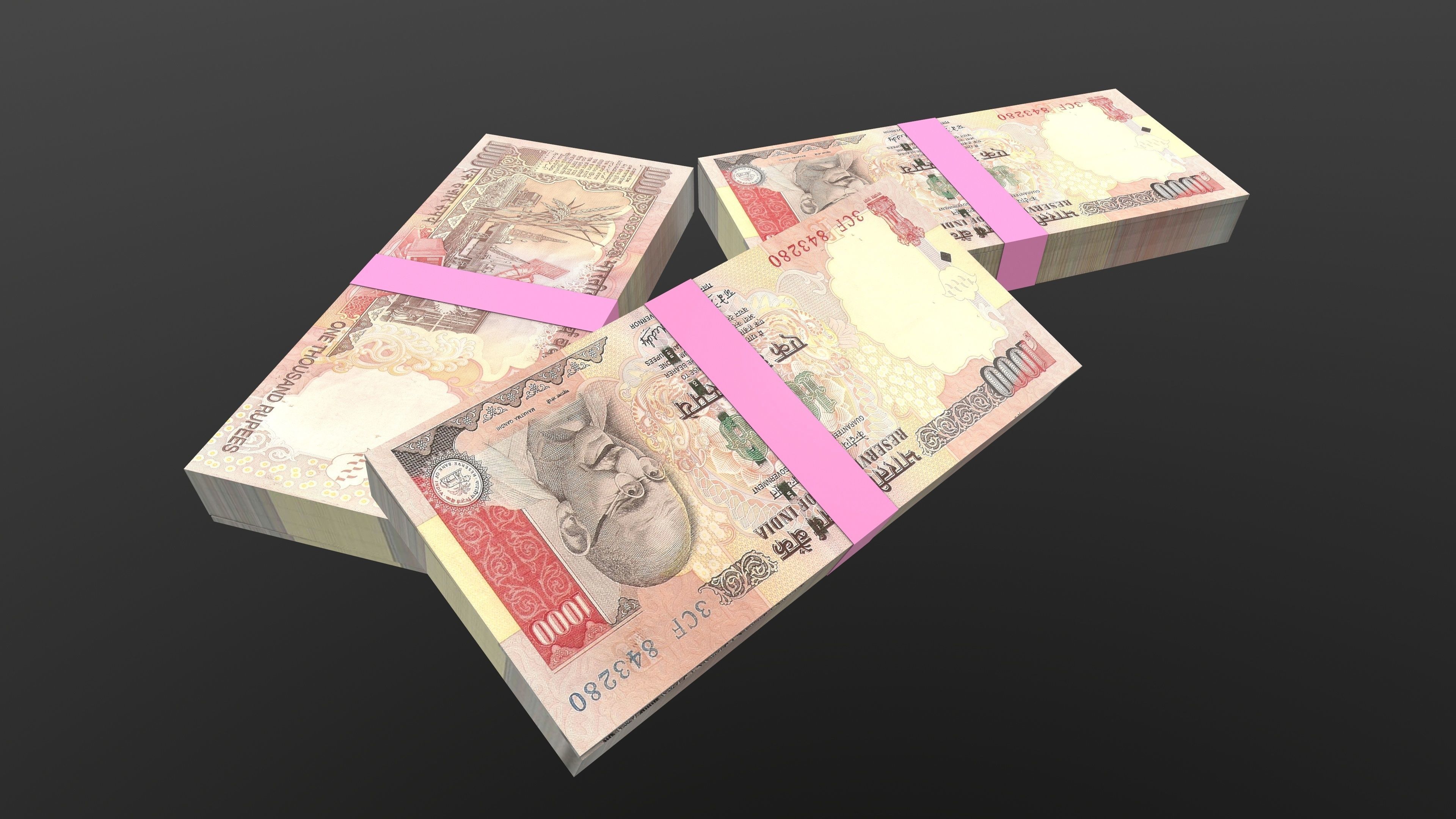 Indian 1000 Note Currency Bundle AR VR PBR Low-poly 3D model_7