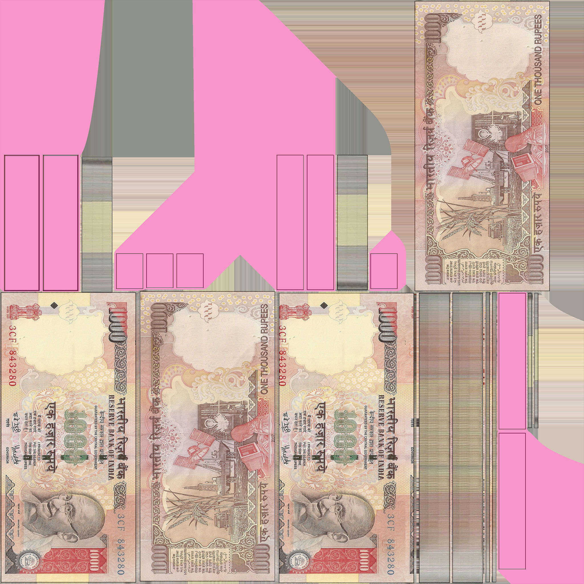 Indian 1000 Note Currency Bundle AR VR PBR Low-poly 3D model_15