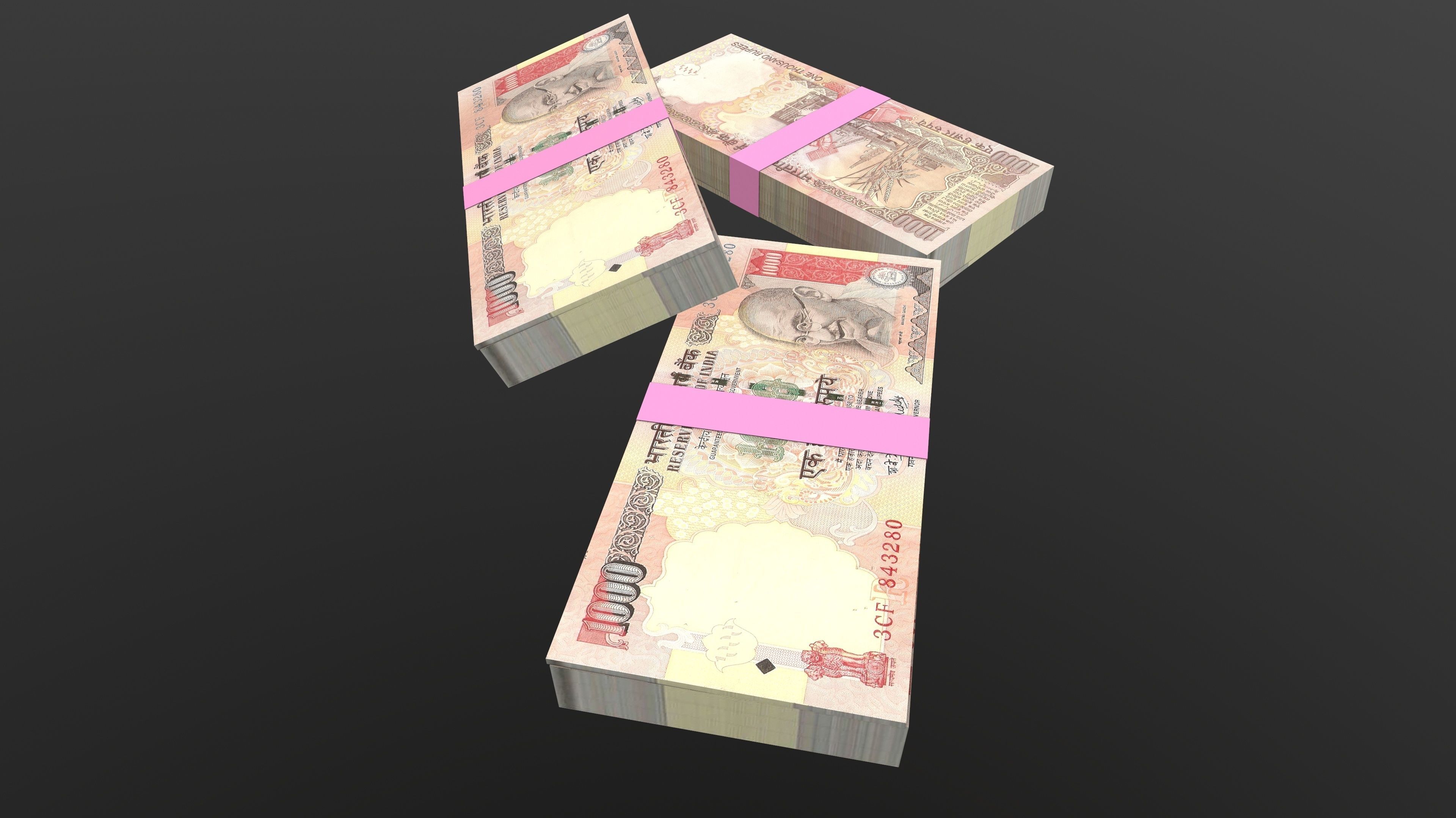 Indian 1000 Note Currency Bundle AR VR PBR Low-poly 3D model_10