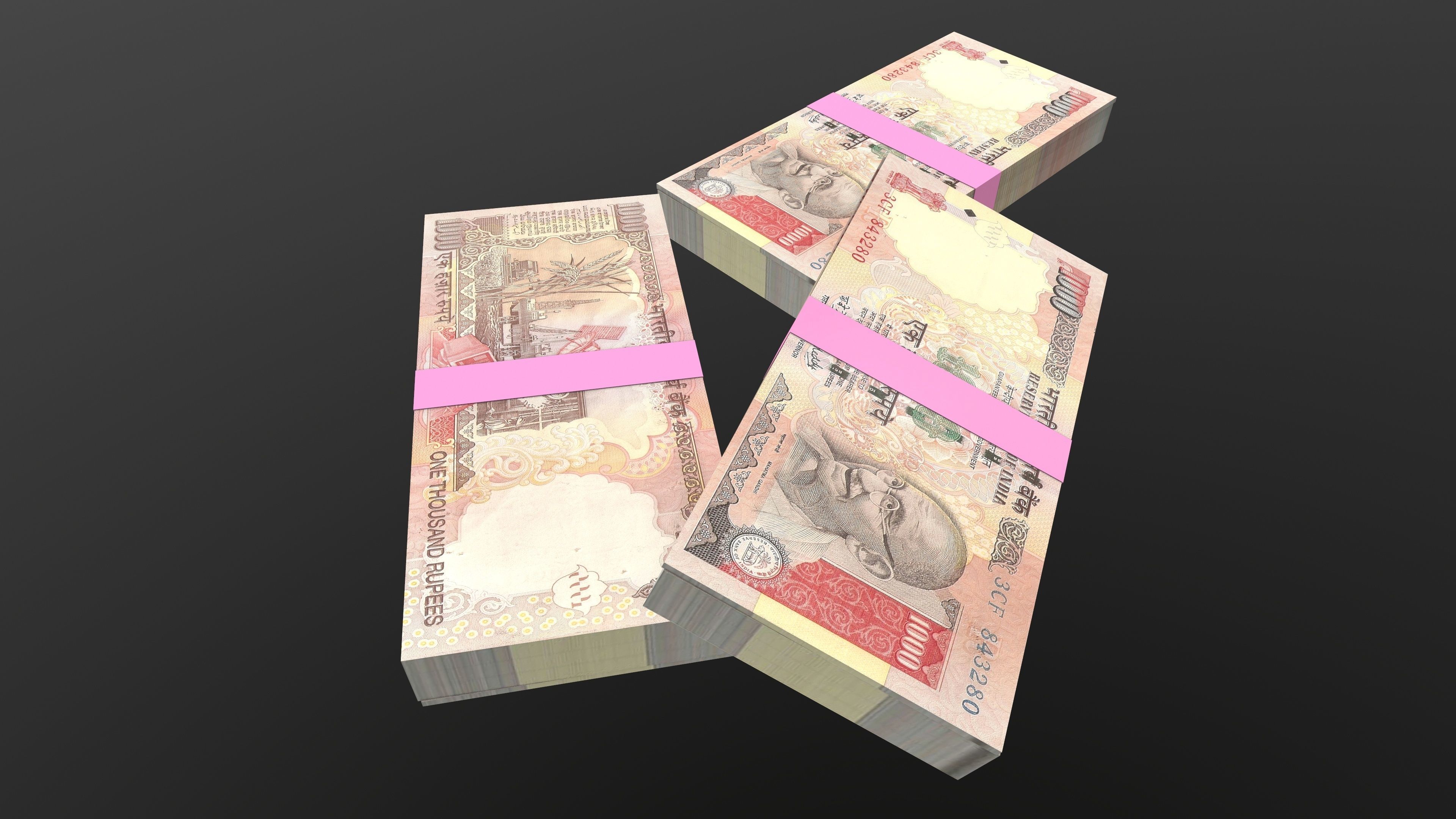 Indian 1000 Note Currency Bundle AR VR PBR Low-poly 3D model_6