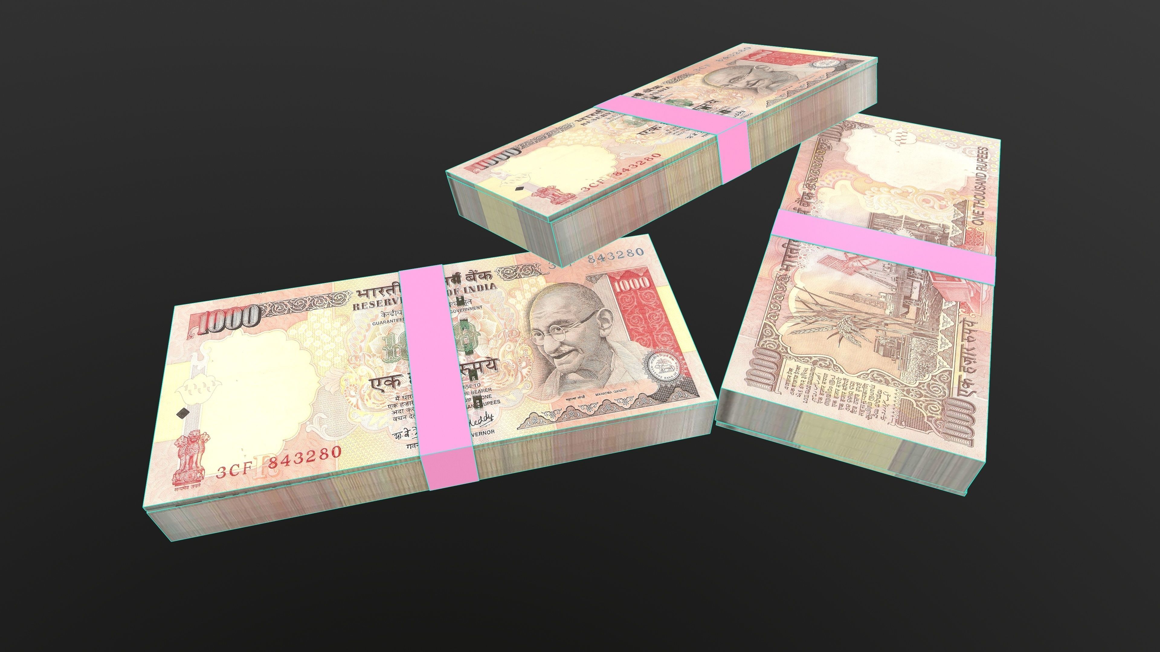 Indian 1000 Note Currency Bundle AR VR PBR Low-poly 3D model_14