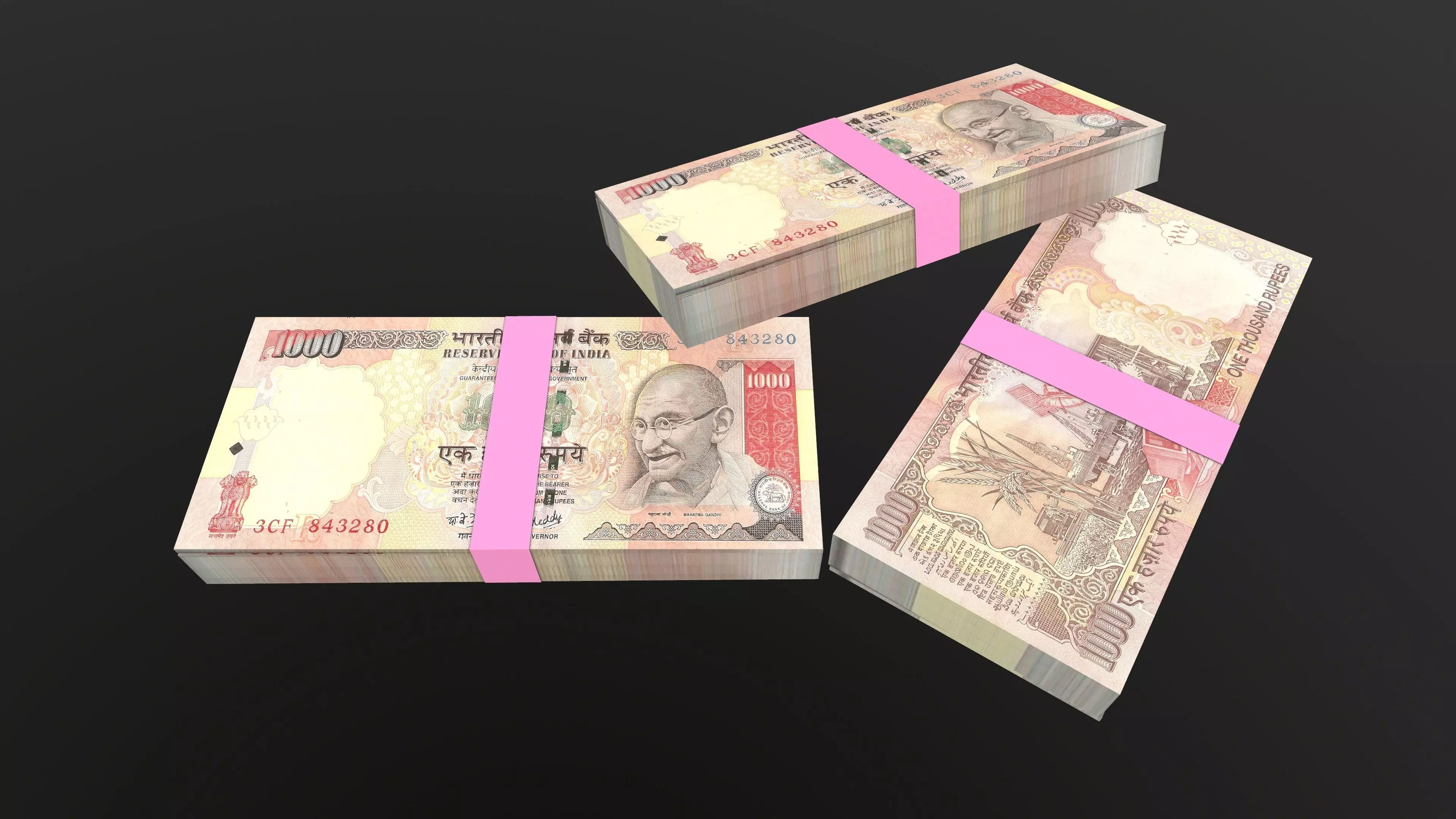 Indian 1000 Note Currency Bundle AR VR PBR Low-poly 3D model_0