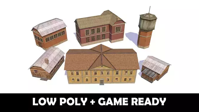Houses - Game Ready building with water tower Low-poly 3D model