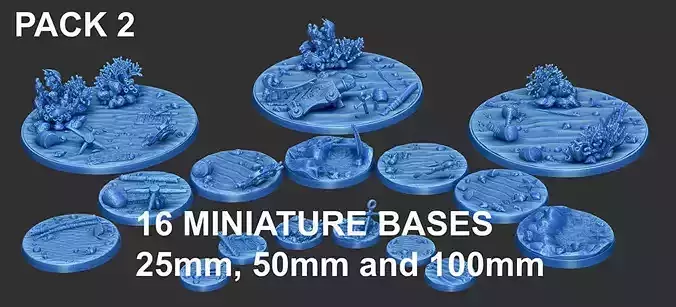 PACK 2 - 16 MINIATURE BASES 25mm 50mm and 100mm 3D Print Ready 3D print model