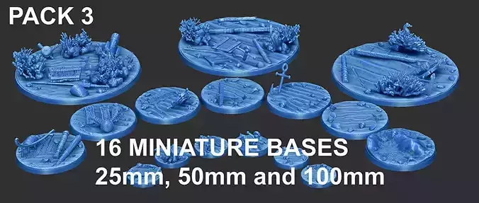 PACK 3 - 16 MINIATURE BASES  25mm 50mm and 100mm 3D Print Ready 3D print model