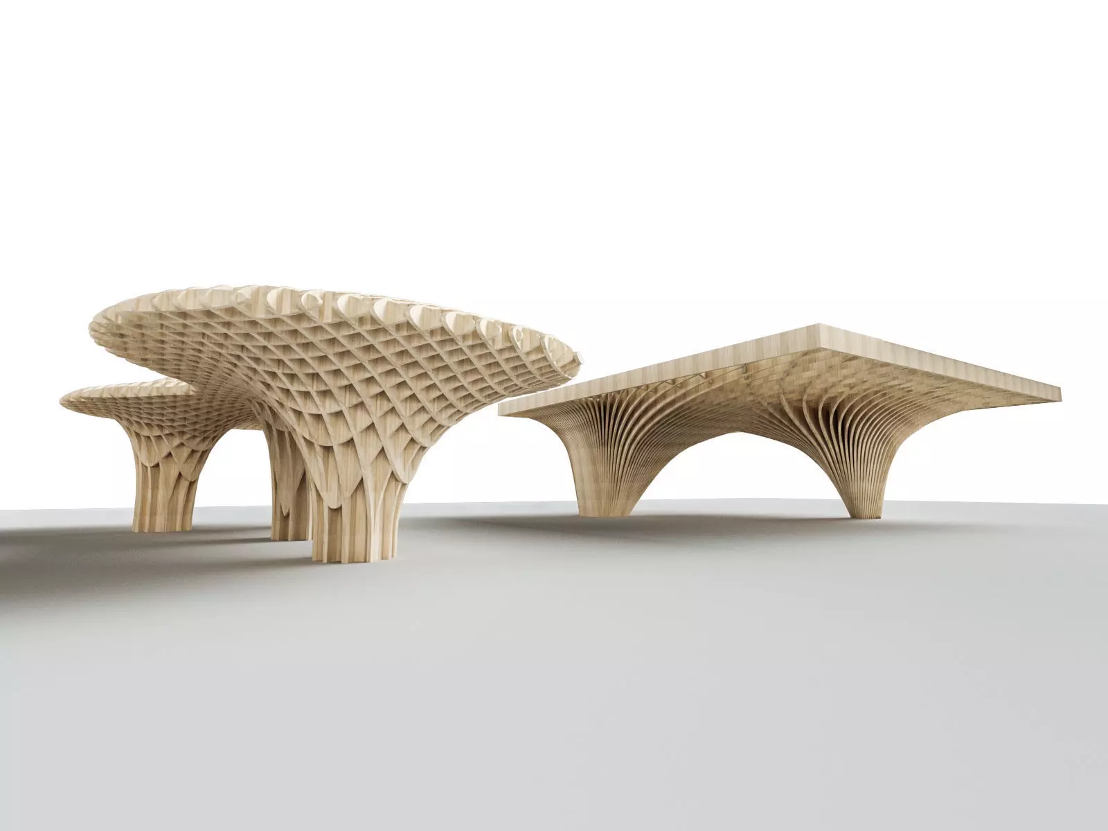 Rectangular spiral and curve waffle pavilions 3D model_0