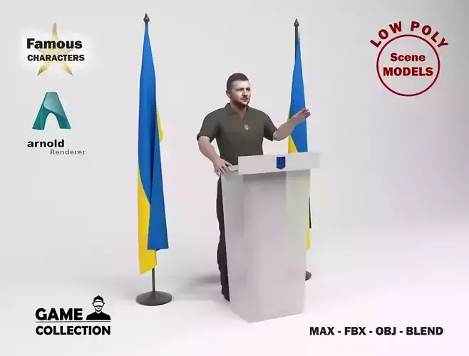 Zelensky ukrainian politician giving speech Low-poly 3D model