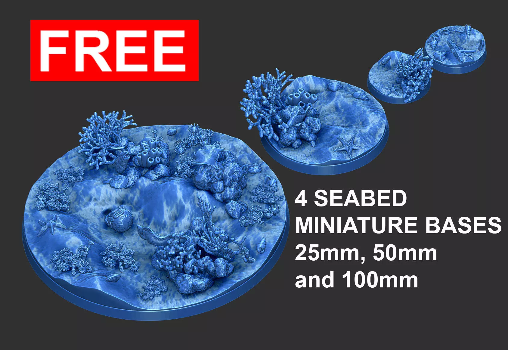 FREE - 4 SEABED MINIATURE BASES 25mm 50mm 100 mm 3D Print Ready Free 3D print model